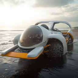 the small vehicle is on its side in the water