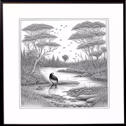 a bird standing on top of a river in front of a forest,a drawing of a bird near a swamp