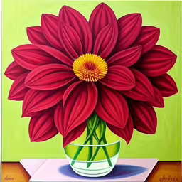 a picture of a large red flower in a green vase,a picture of a flower in a vase