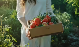 a person holding a box full of tomatoes