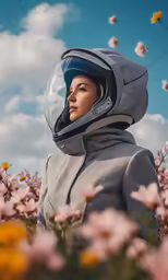 woman with helmet and hood in a flower field
