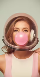 a woman in a space helmet has her nose in the air as she wears a pink nosepiece