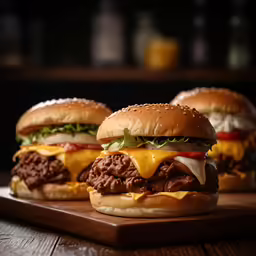 two cheesy hamburgers sitting on a wooden cutting board