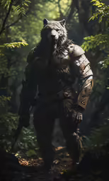 a man in armor walking through a forest