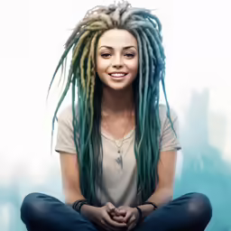 young woman with long green dreadlocks sitting on the ground