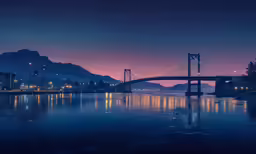 a bridge that has lights on it and is over water