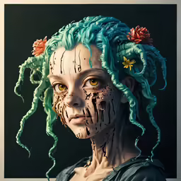 a portrait of a woman with blue hair and braids, the makeup is painted turquoise