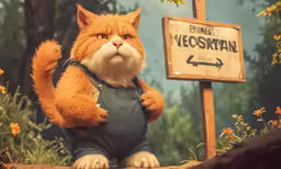 a cat that is sitting in front of a sign