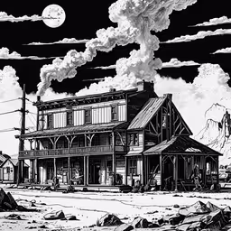 a black and white drawing of an old house,a drawing of a large house on top of the mountain