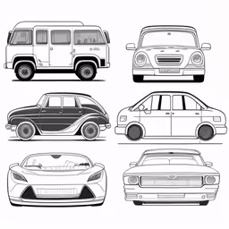 the front and side view of four cars,six classic cars are depicted in this drawing