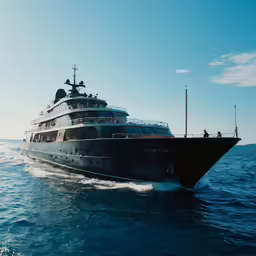 a black and white yacht in the middle of the ocean