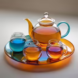 a teapot on a plate filled with colorful liquid