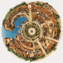 an artistic looking panorama photo of buildings with an artificial fountain