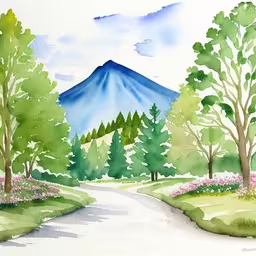 painting of a mountain scene with flowers and trees