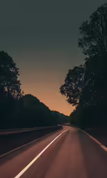 the moon rising in the sky behind some trees and a highway