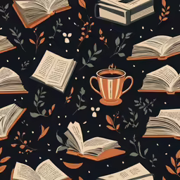 a cup and a book on a table with leaves
