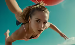 a girl wearing pink bikini top diving with large red ball