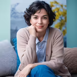 a person with brown hair sitting on a couch