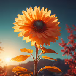 bright yellow sunflower in front of the setting sun,a flower that is on the stem of a plant