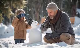the man and woman are taking pictures of a snowman