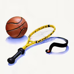 a pair of shoes, a tennis racket and a basketball on a white background