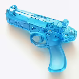 the blue toy gun is laying on the white floor