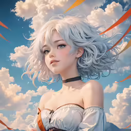 a white haired woman with waves blowing in the wind
