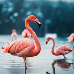 several flamingos in shallow water next to one another