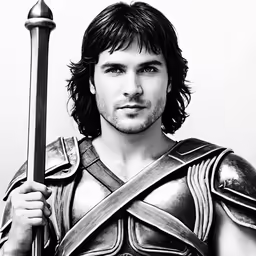 a young man in a roman costume poses with a sword