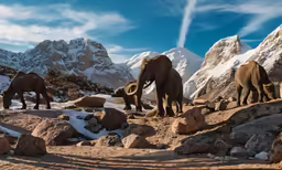 group of elephants grazing on snow covered rocks and boulders