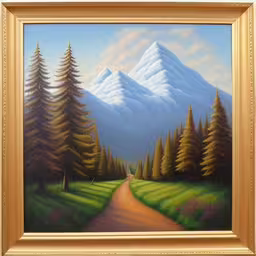 painting of mountains and trees with dirt path,an oil painting with trees and mountain scene in gold frames