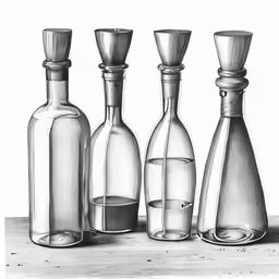 drawing - a still life, a bottle and four decante bottles with shot glasses by peter brown