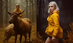 two photographs show an ox and a person in a yellow coat in a forest