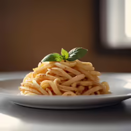 a plate with a pasta dish covered in pasta sauce and a leafy sprig