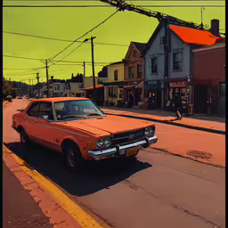 a small orange car in front of some buildings,an orange station wagon driving down a street with telephone wires above
