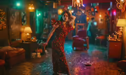 woman in an evening dress dancing in the corner of a room