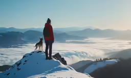 a woman with two dogs standing on top of a snow covered mountain