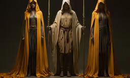 three statues, one dressed like jesus, the other as a nun and holding two spears, stand behind a pole