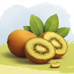 three kiwi fruit slices and one piece have been split open
