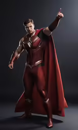 a man in a red superman suit is pointing