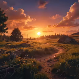 a pathway that leads into the sunset in the middle of a field