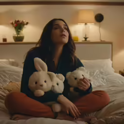 a woman sitting on her bed holding two teddy bears