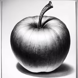 an apple sits on the table, in this black and white photo
