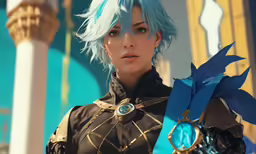 the blue haired character with her arms crossed and an arm brace attached