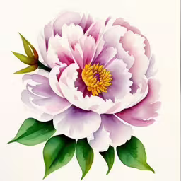 a painting of a pink flower with leaves on the petals,a drawing of a pink flower with green leaves