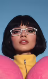 a woman wearing glasses is looking to the side