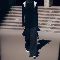 a woman is walking down a street wearing black outfit