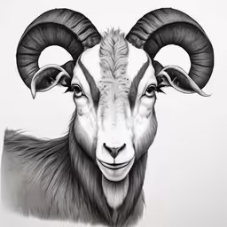 a goat that is sitting down with big horns