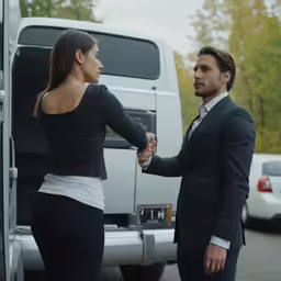 two businesspeople shaking hands in front of a truck