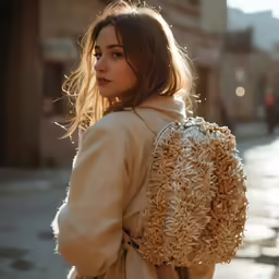 a young woman holding a bag while walking down the street